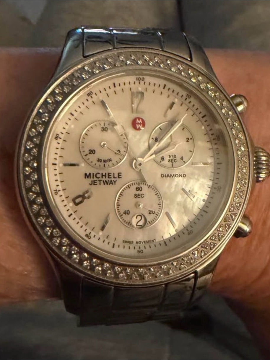 Michele Silver Watch With MotherOfPearl Dial And Diamond Bezel